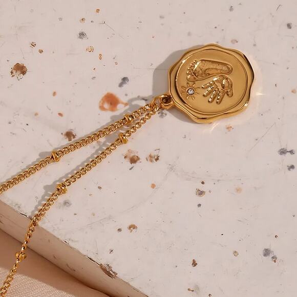 18K Gold Plated Baby Hand Foot Print Zircon Pendant Necklace Stainless Steel - Picture 6 of 8